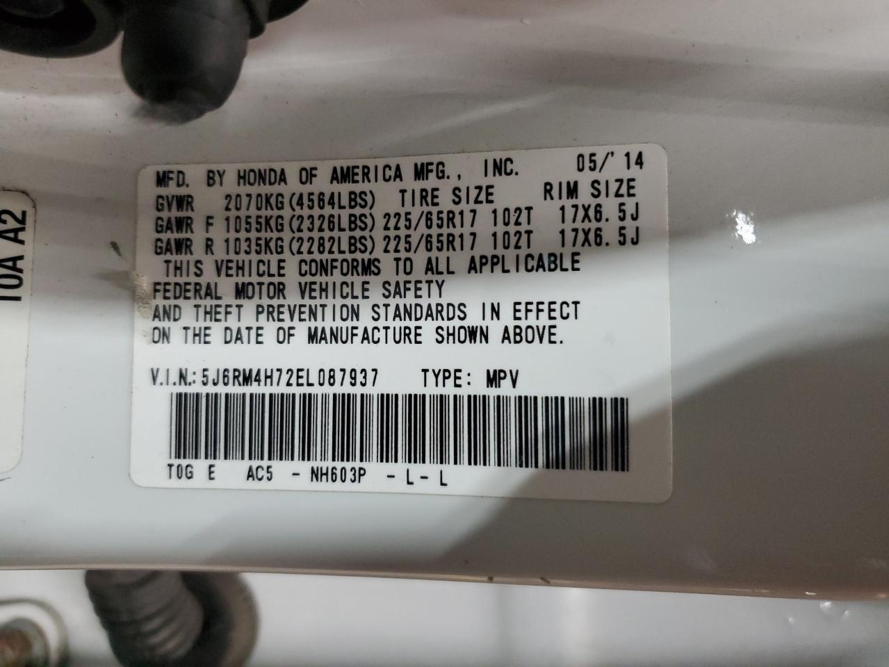 2014 Honda Cr-V Exl VIN: 5J6RM4H72EL087937 Lot: 57871605