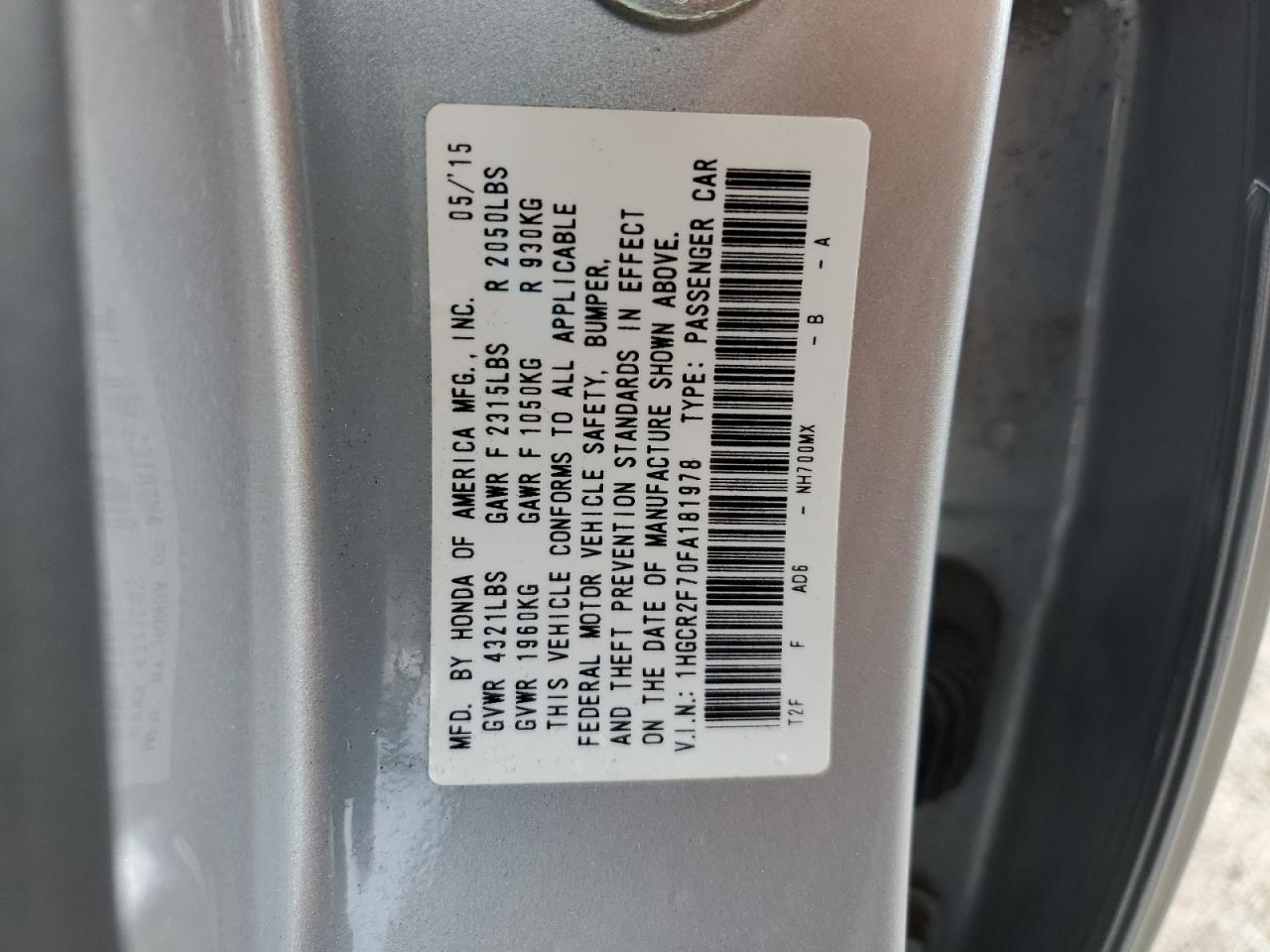2015 Honda Accord Ex VIN: 1HGCR2F70FA181978 Lot: 57093245