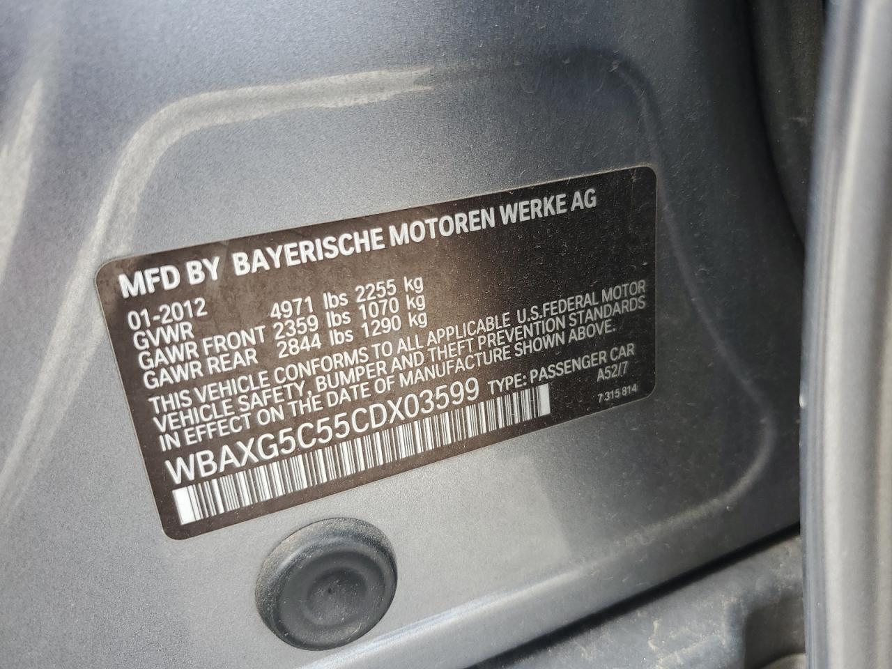 2012 BMW 528 I VIN: WBAXG5C55CDX03599 Lot: 58226695