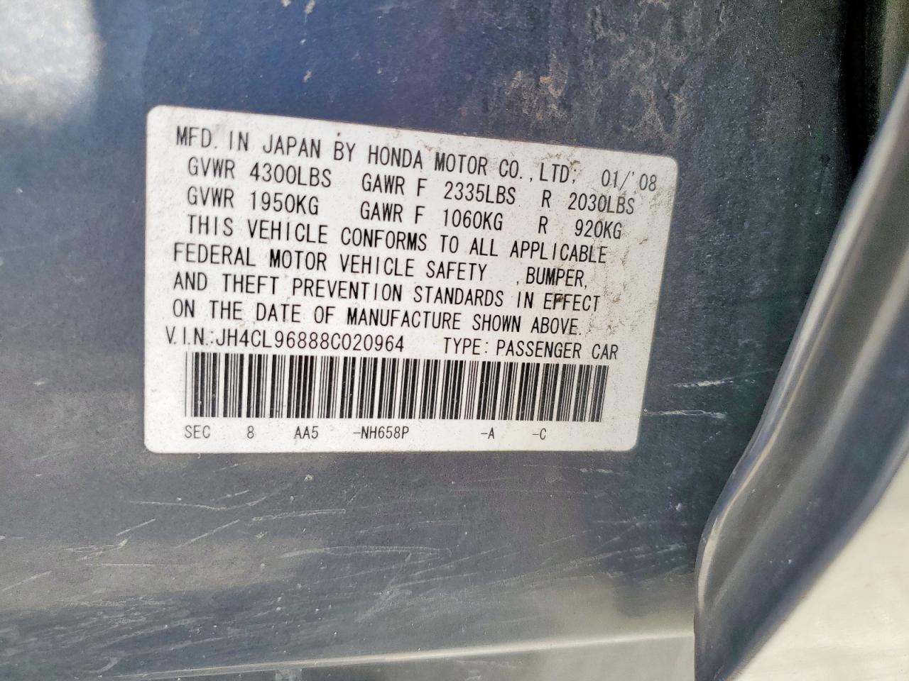 2008 Acura Tsx VIN: JH4CL96888C020964 Lot: 56800165