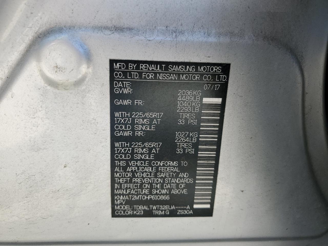 2017 Nissan Rogue S VIN: KNMAT2MT0HP610866 Lot: 57039655