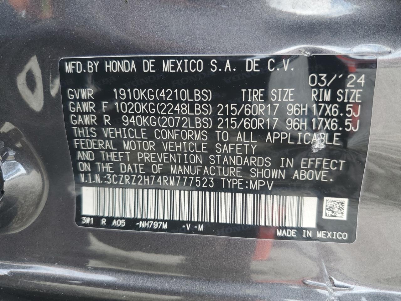 2024 Honda HR-V at OH - Columbus, Copart lot 58965985