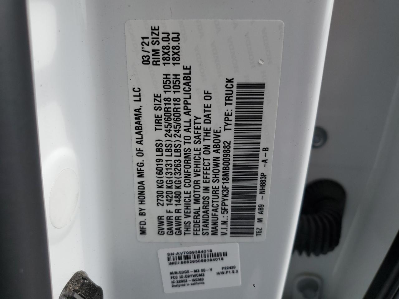 2021 Honda Ridgeline Sport VIN: 5FPYK3F18MB009882 Lot: 57136205