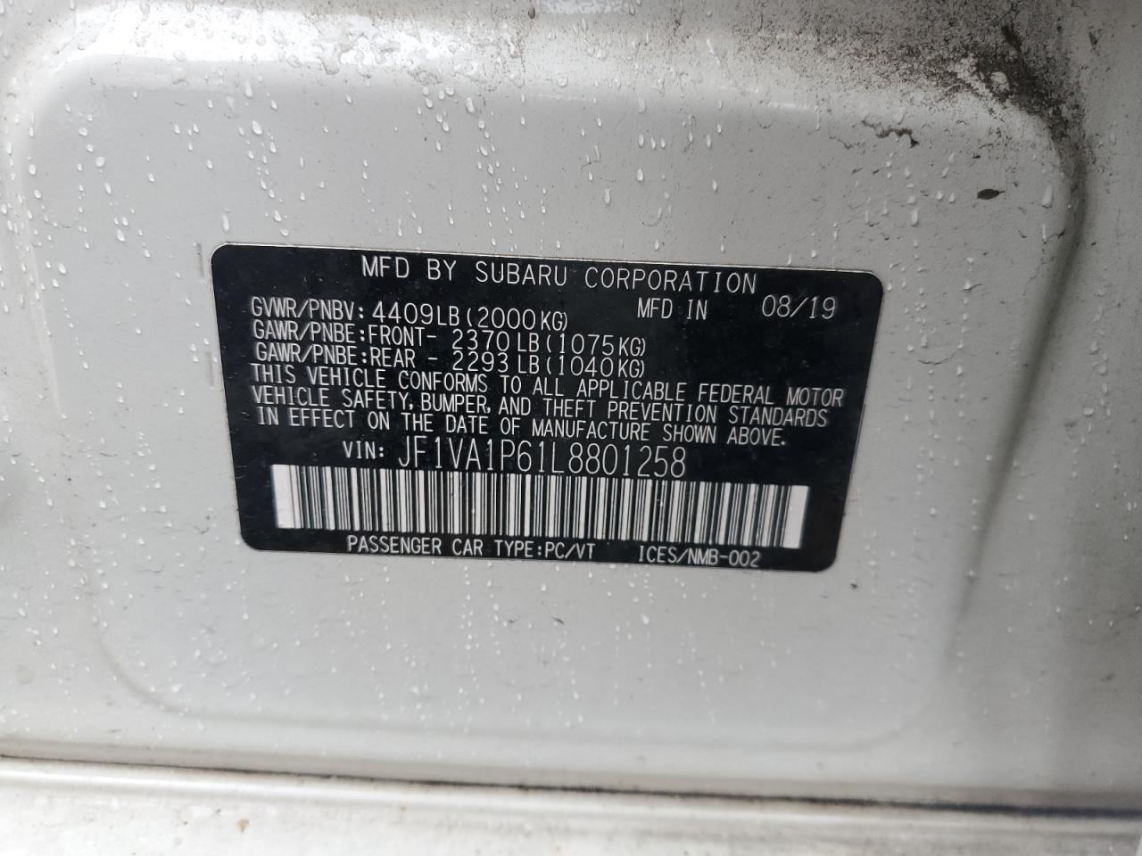 2020 Subaru Wrx Limited VIN: JF1VA1P61L8801258 Lot: 56024785