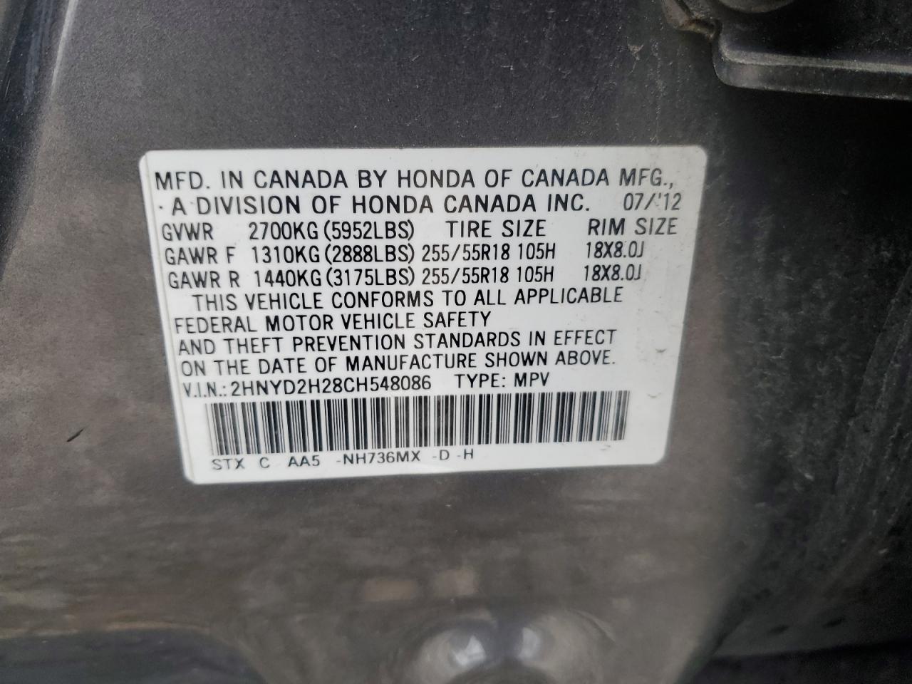 2012 Acura Mdx VIN: 2HNYD2H28CH548086 Lot: 58665135