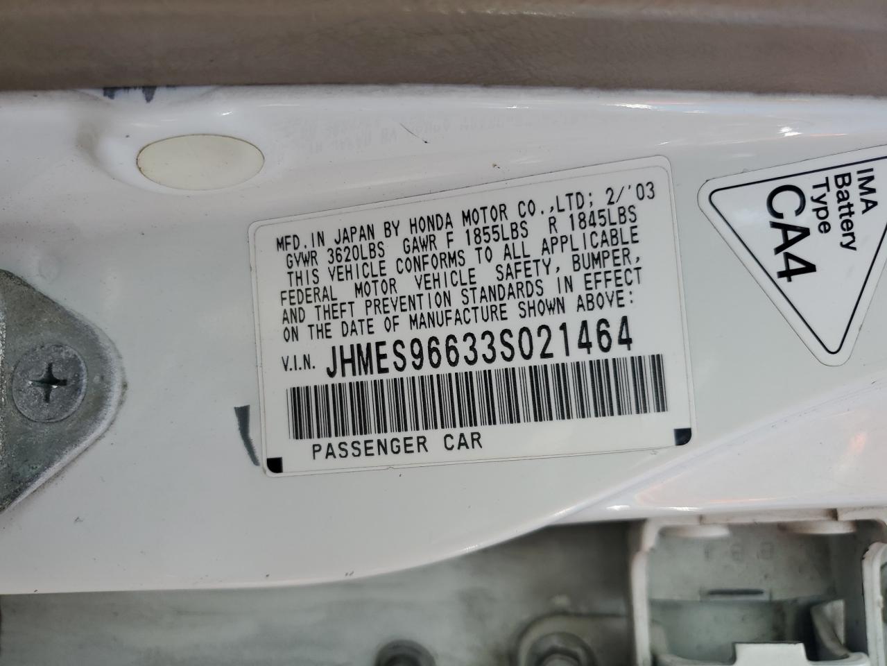 2003 Honda Civic Hybrid VIN: JHMES96633S021464 Lot: 56690645