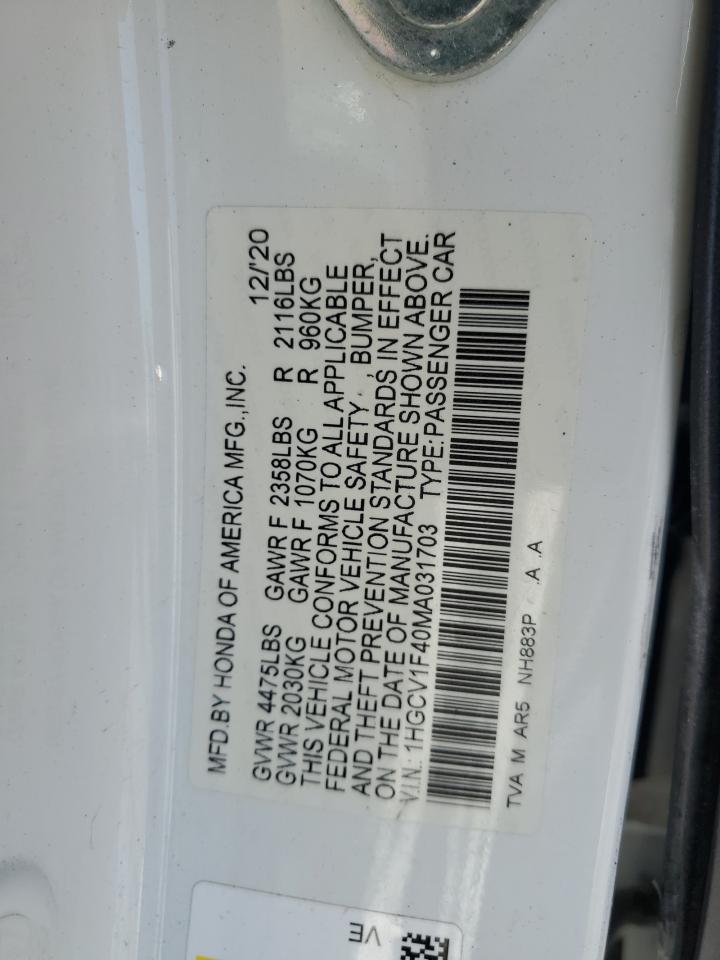 2021 Honda Accord Sport Se VIN: 1HGCV1F40MA031703 Lot: 57828335