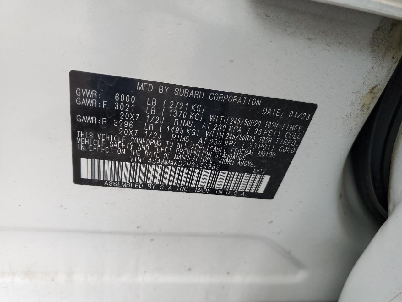 2023 Subaru Ascent Limited VIN: 4S4WMAKD2P3434932 Lot: 56361825