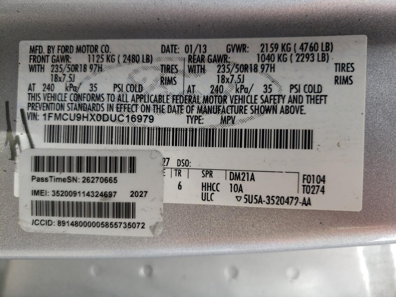 2013 Ford Escape Sel VIN: 1FMCU9HX0DUC16979 Lot: 57406145