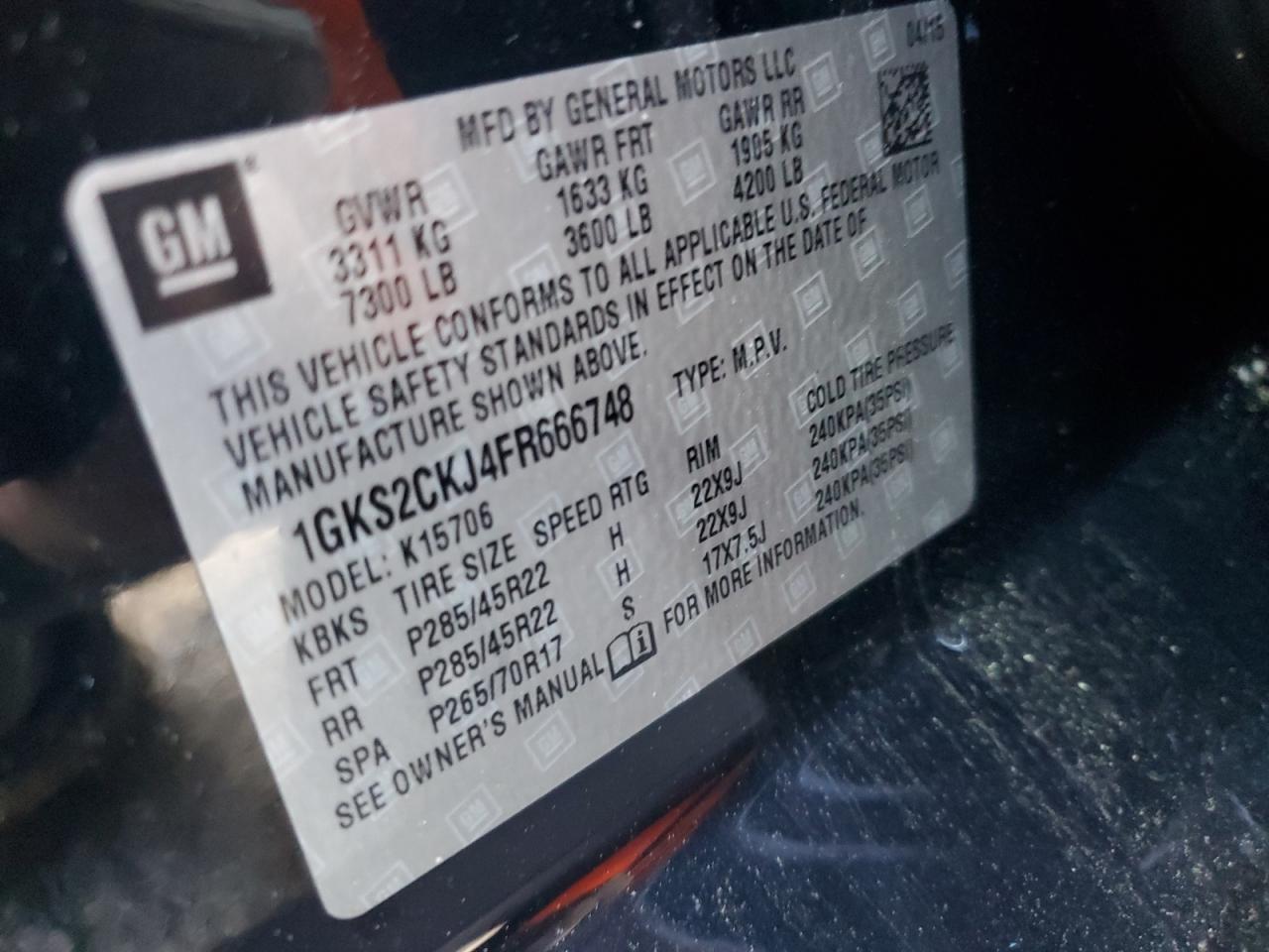 2015 GMC Yukon Denali VIN: 1GKS2CKJ4FR666748 Lot: 55650745