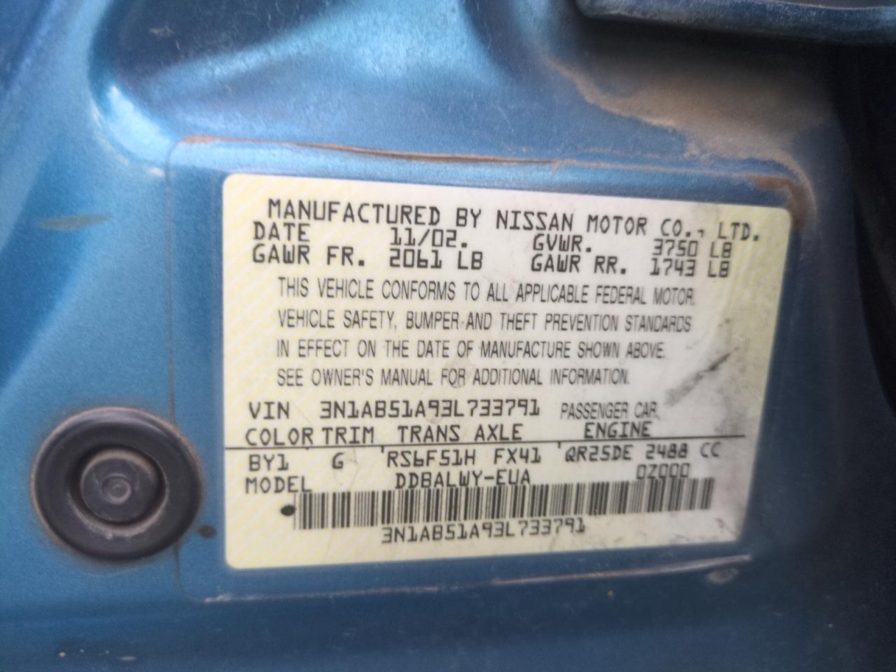 2003 Nissan Sentra Se-R Limited VIN: 3N1AB51A93L733791 Lot: 56421515