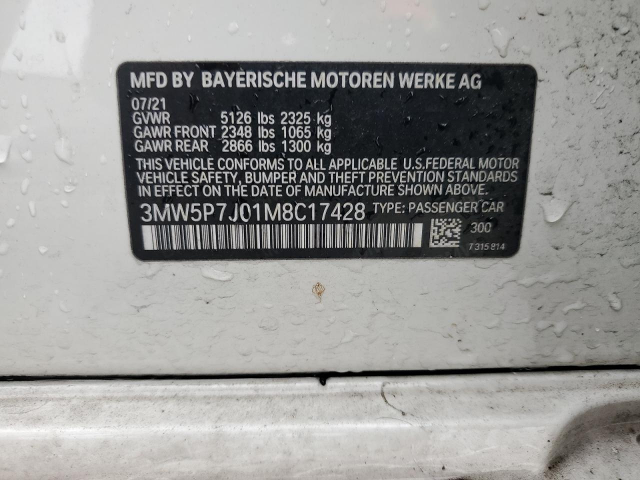 2021 BMW 330E VIN: 3MW5P7J01M8C17428 Lot: 54159395