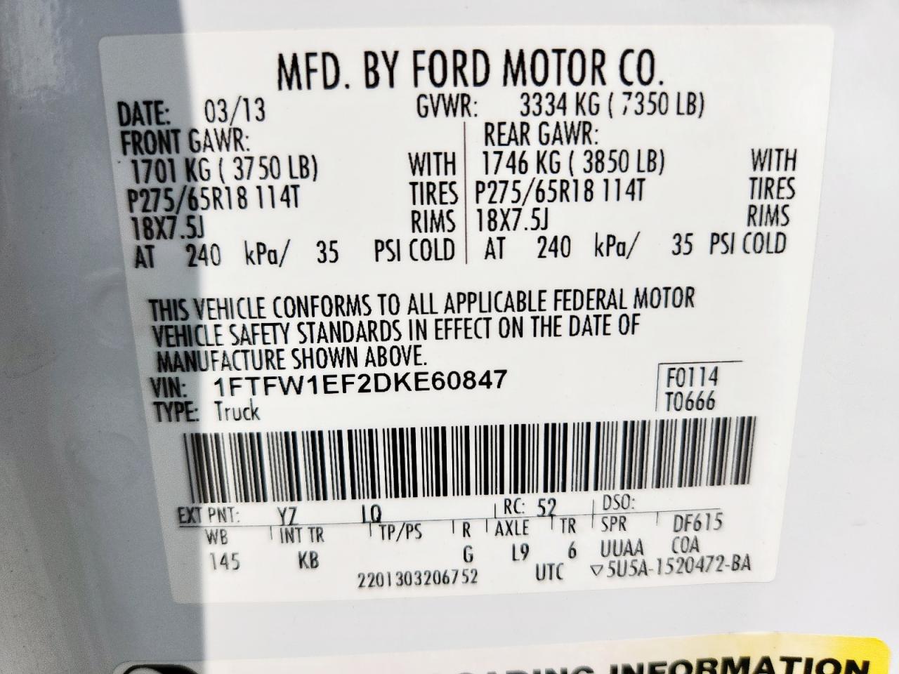 2013 Ford F150 Supercrew VIN: 1FTFW1EF2DKE60847 Lot: 58790115