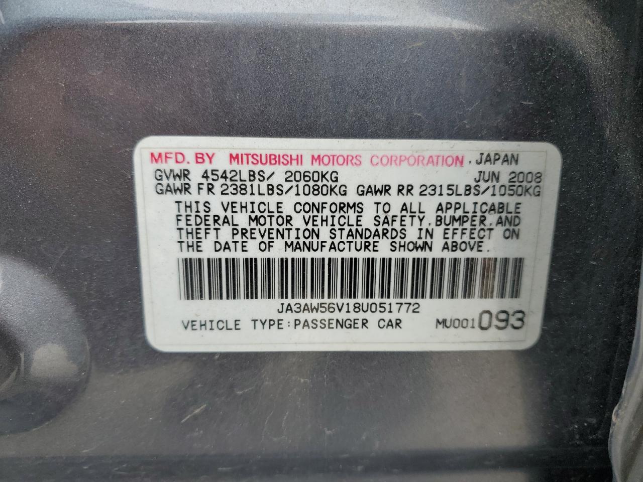 2008 Mitsubishi Lancer Evolution Mr VIN: JA3AW56V18U051772 Lot: 56866835
