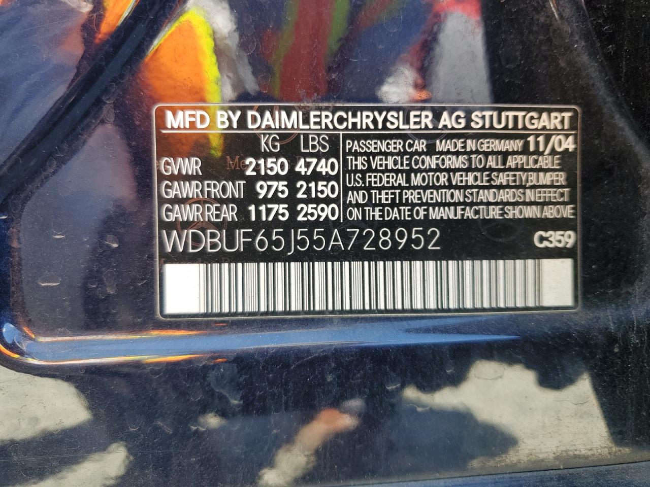 2005 Mercedes-Benz E 320 VIN: WDBUF65J55A728952 Lot: 56553565