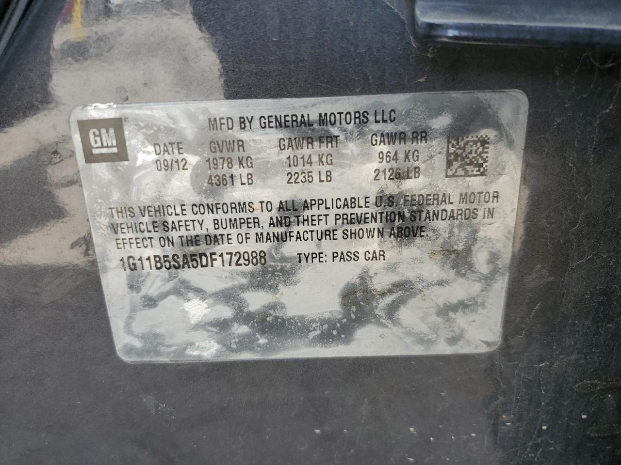 2013 Chevrolet Malibu Ls VIN: 1G11B5SA5DF172988 Lot: 56028765