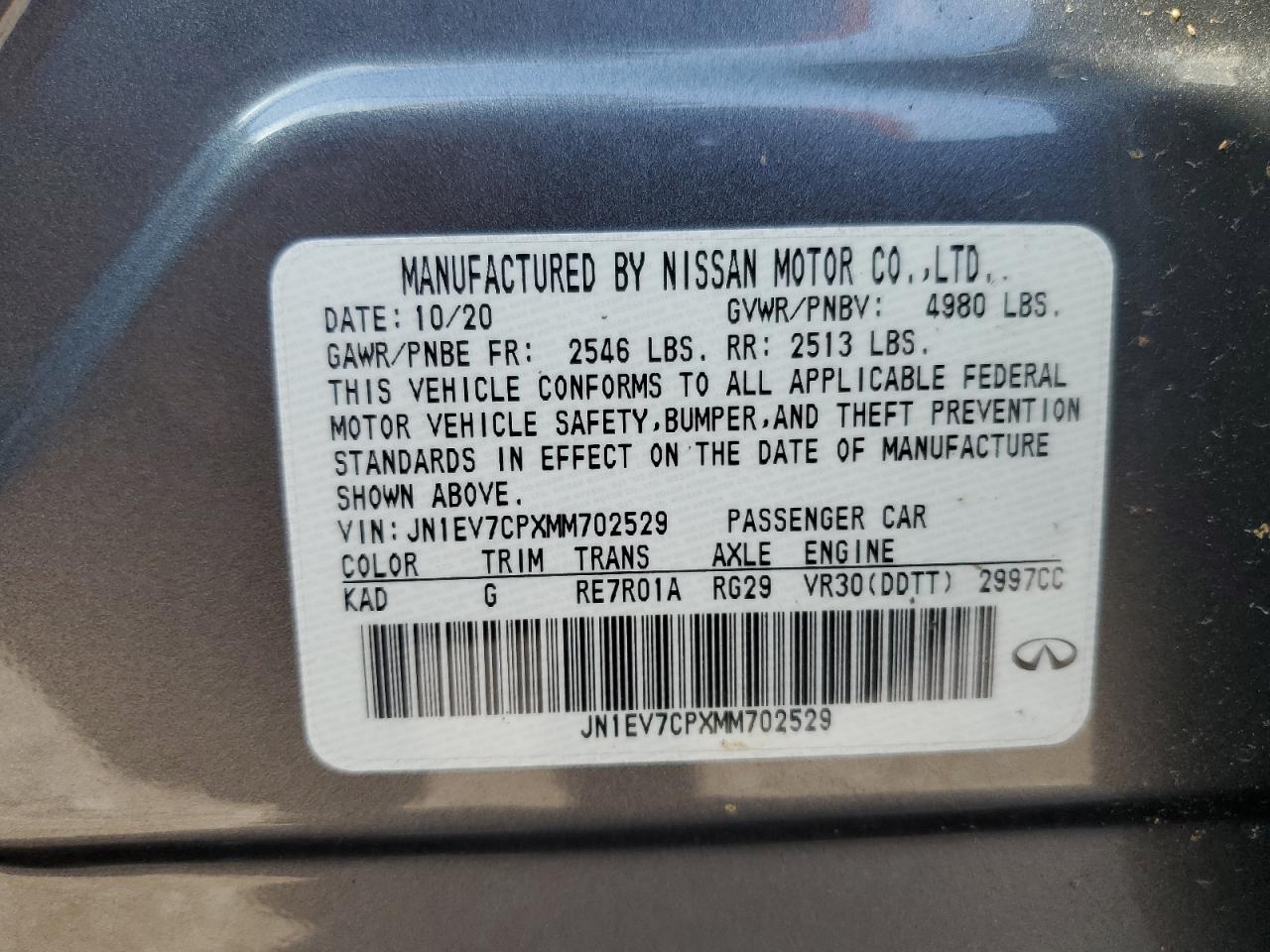2021 Infiniti Q50 Sensory VIN: JN1EV7CPXMM702529 Lot: 54551295
