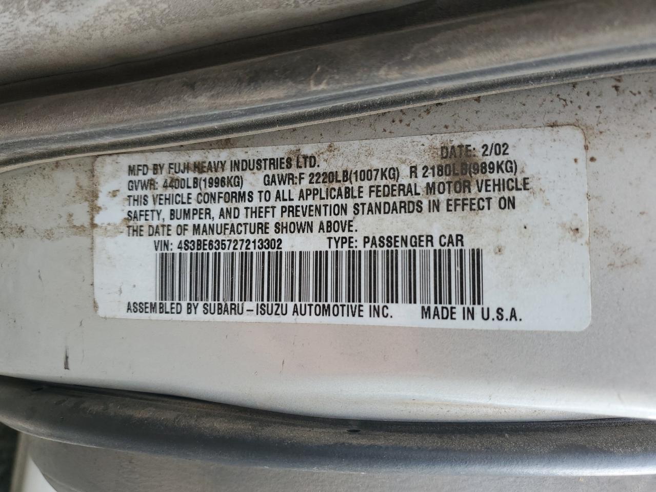 2002 Subaru Legacy L VIN: 4S3BE635727213302 Lot: 58575235