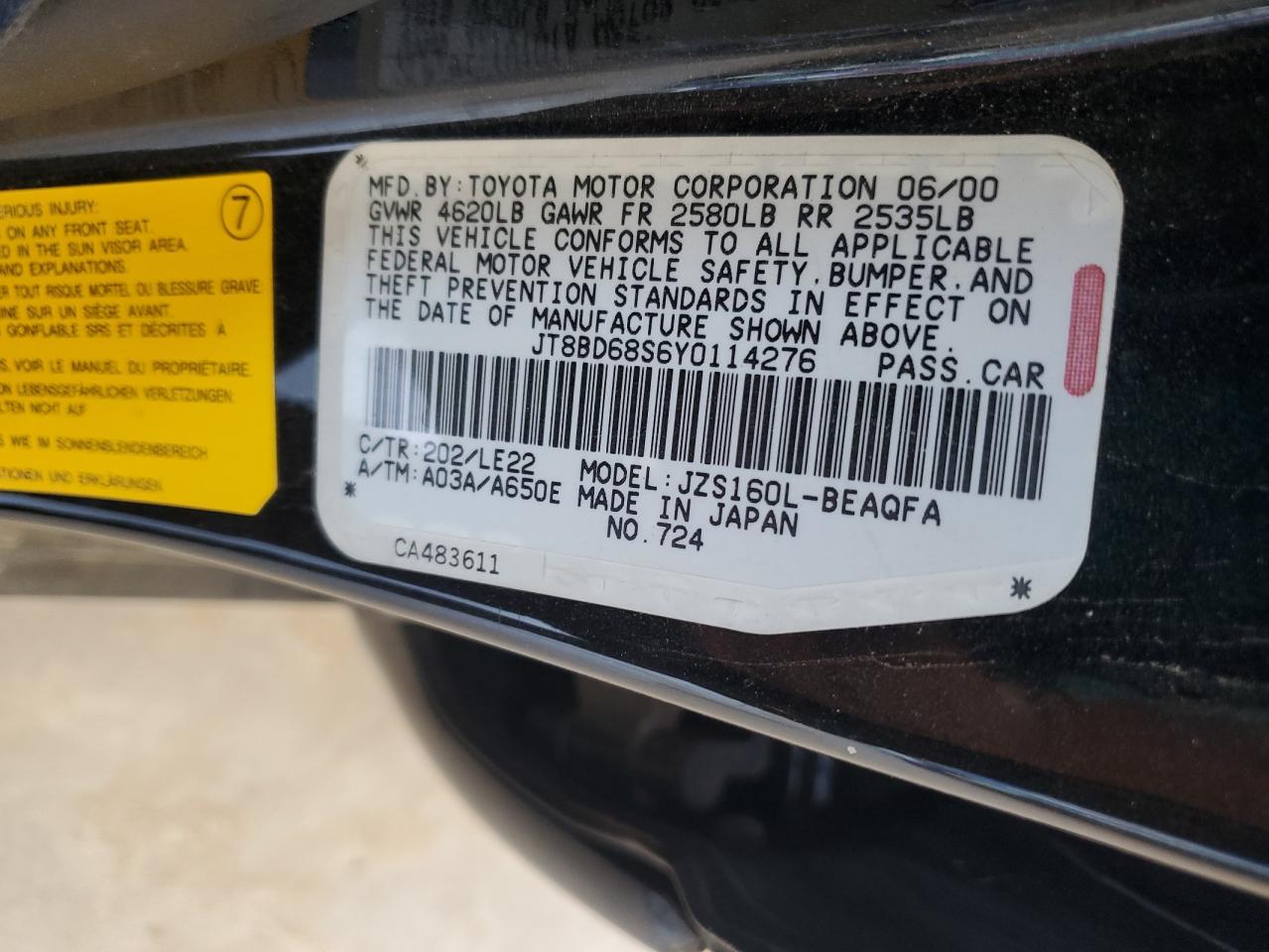 2000 Lexus Gs 300 VIN: JT8BD68S6Y0114276 Lot: 57978355