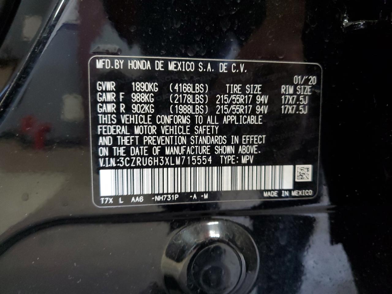 2020 Honda Hr-V Lx VIN: 3CZRU6H3XLM715554 Lot: 56379375
