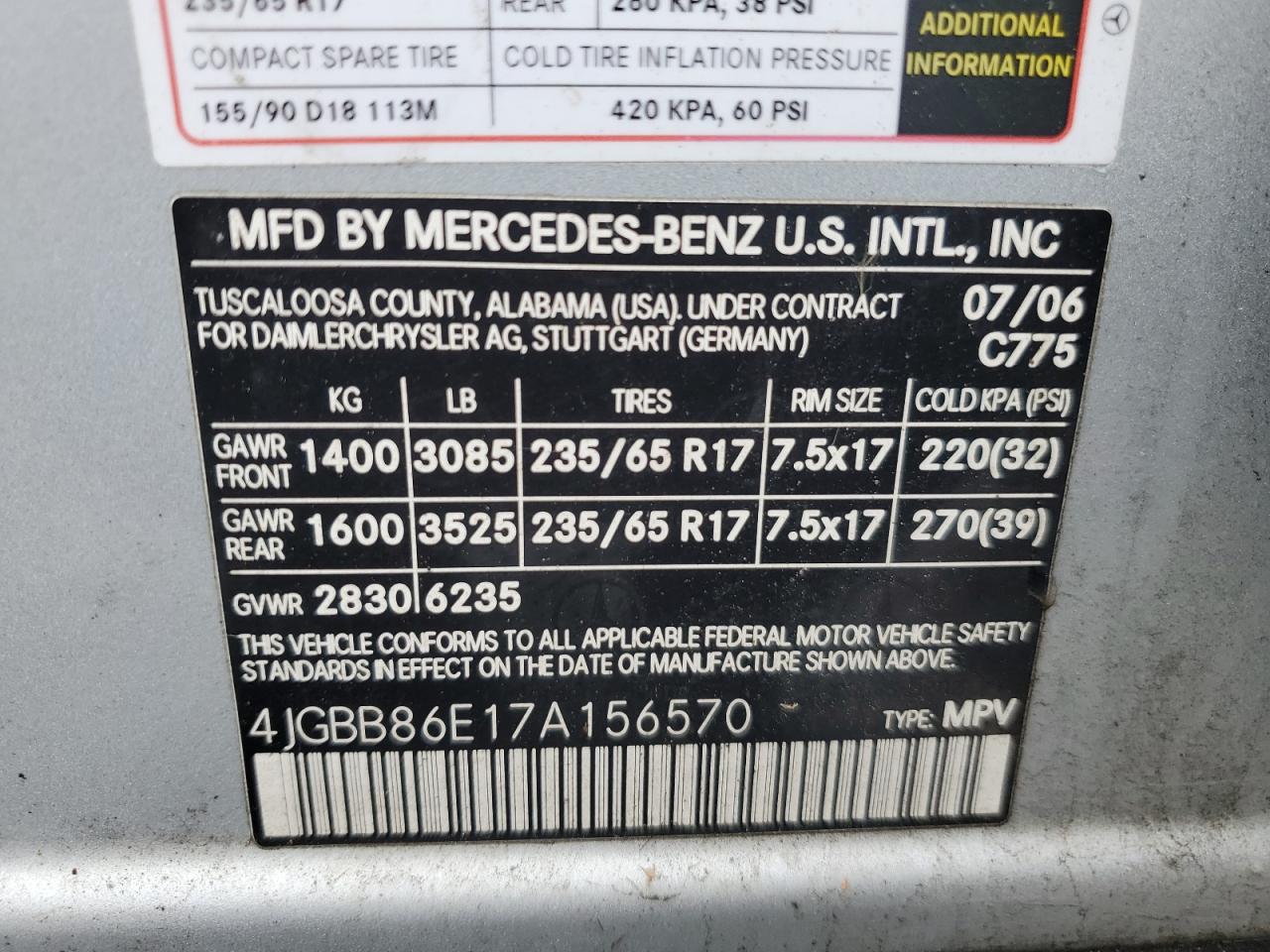 2007 Mercedes-Benz Ml 350 VIN: 4JGBB86E17A156570 Lot: 56098705