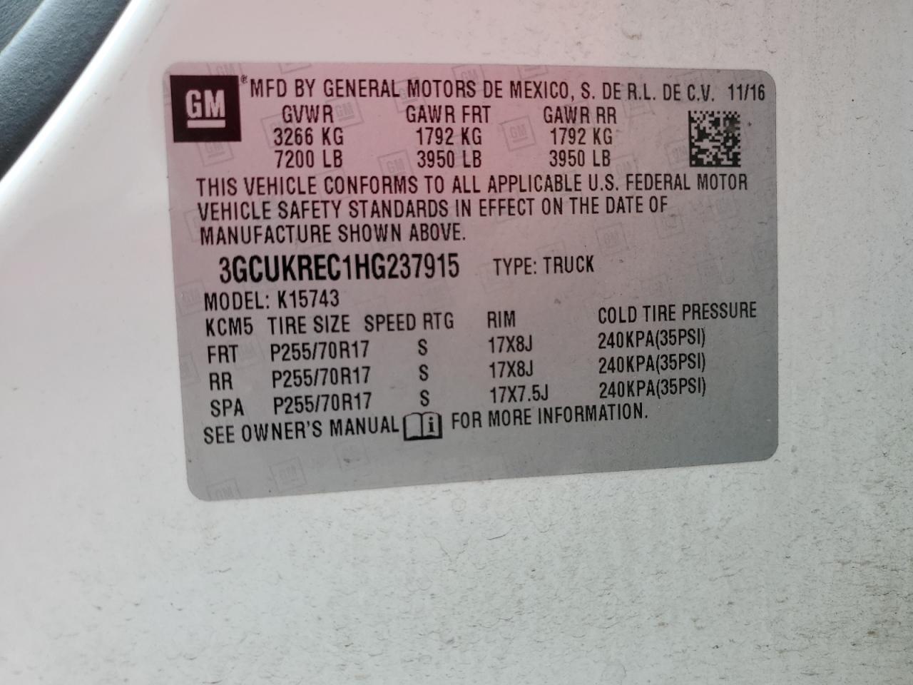 3GCUKREC1HG237915 CHEVROLET ALL Models 2017