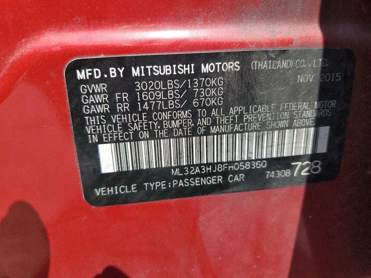 2015 Mitsubishi Mirage De VIN: ML32A3HJ8FH058360 Lot: 56387125