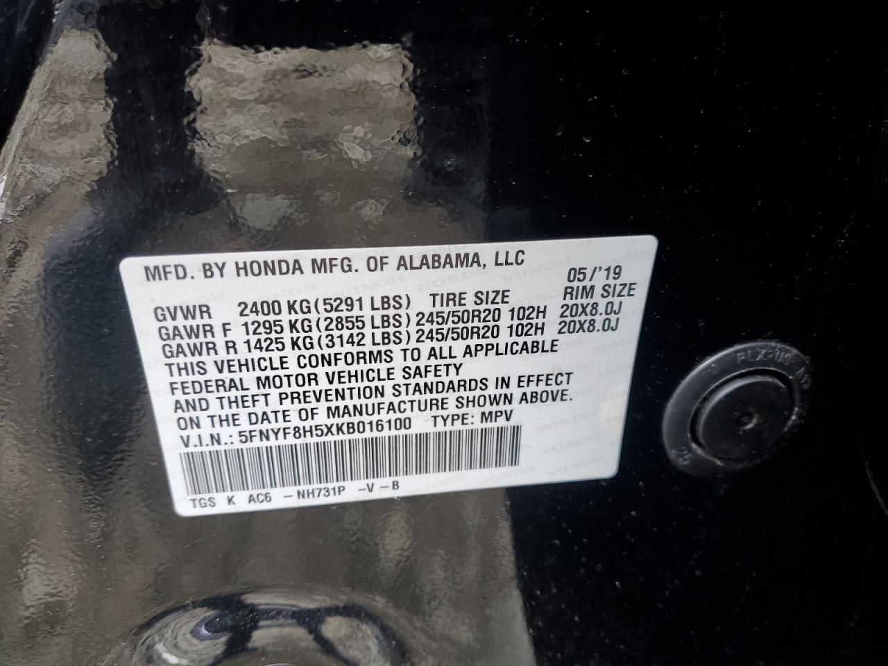 2019 Honda Passport Exl VIN: 5FNYF8H5XKB016100 Lot: 56113375