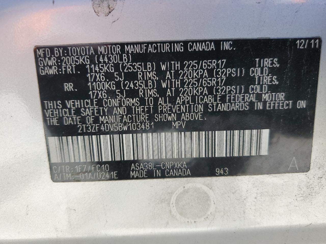 2011 Toyota Rav4 VIN: 2T3ZF4DV5BW103481 Lot: 56538675