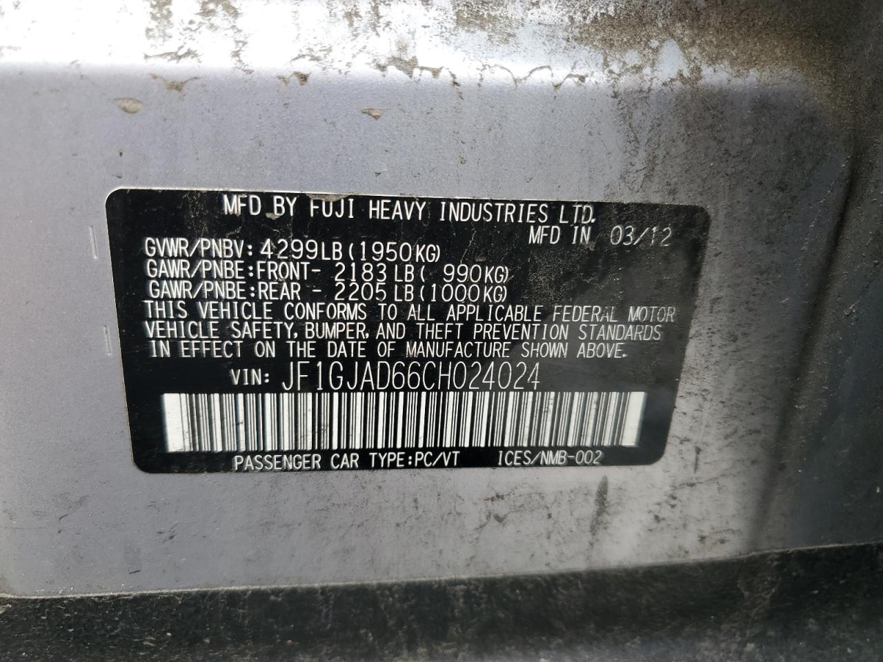 2012 Subaru Impreza Premium VIN: JF1GJAD66CH024024 Lot: 56602335