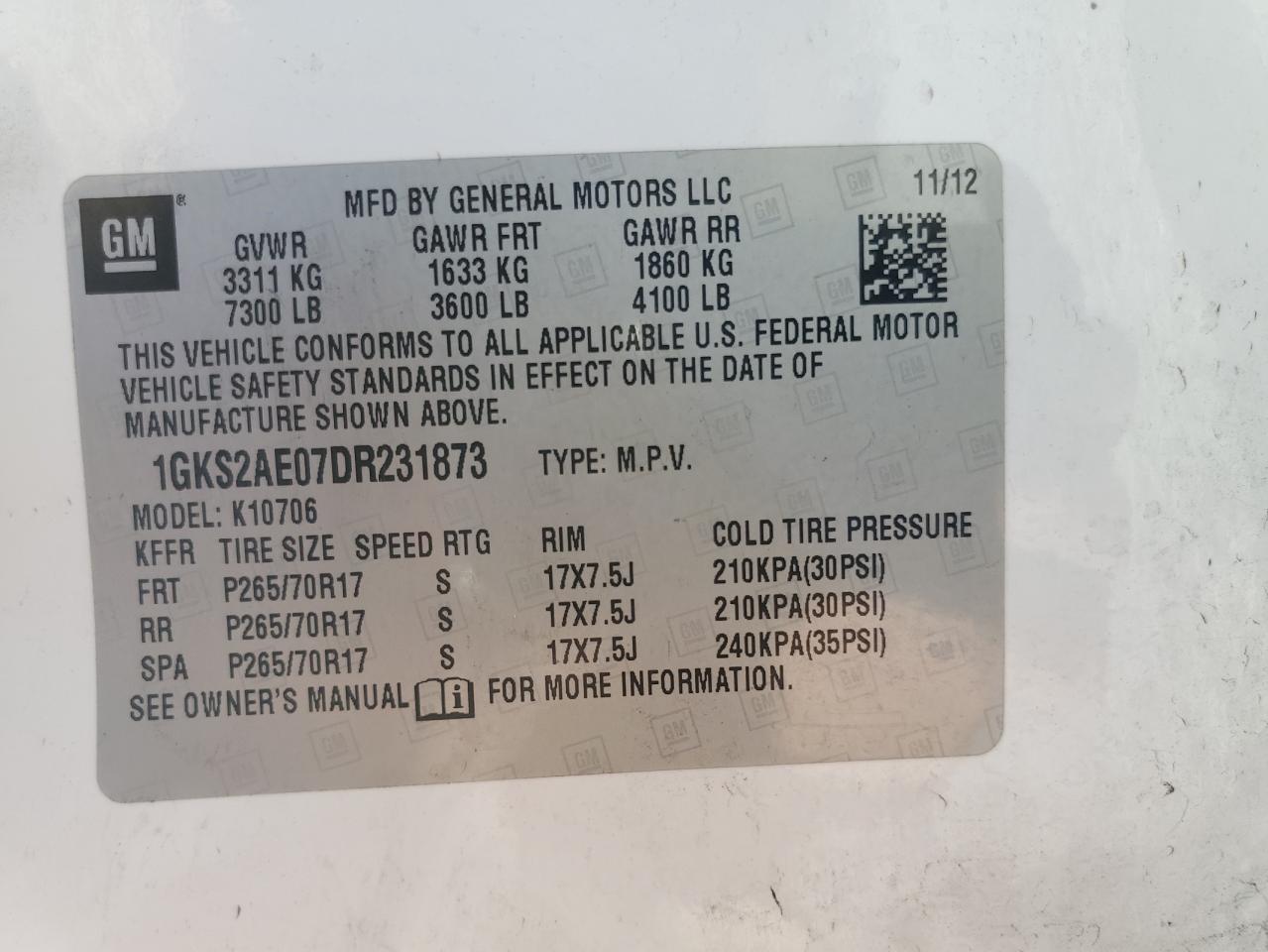 2013 GMC Yukon Sle VIN: 1GKS2AE07DR231873 Lot: 57354555