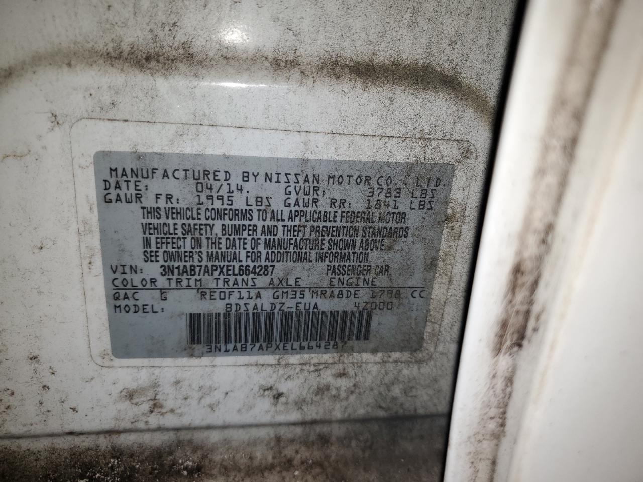 2014 Nissan Sentra S VIN: 3N1AB7APXEL664287 Lot: 57154715