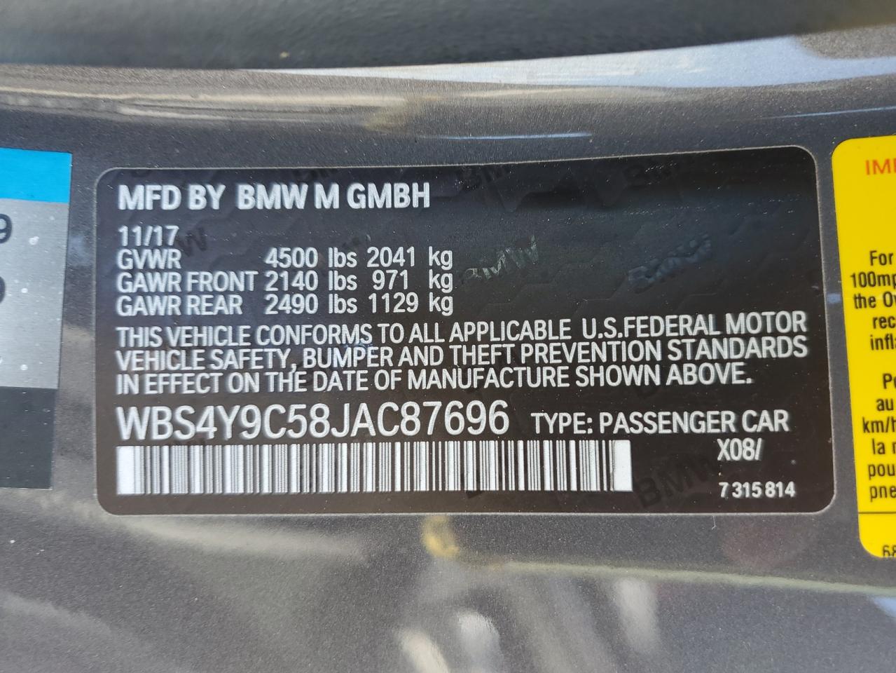 2018 BMW M4 VIN: WBS4Y9C58JAC87696 Lot: 55212415