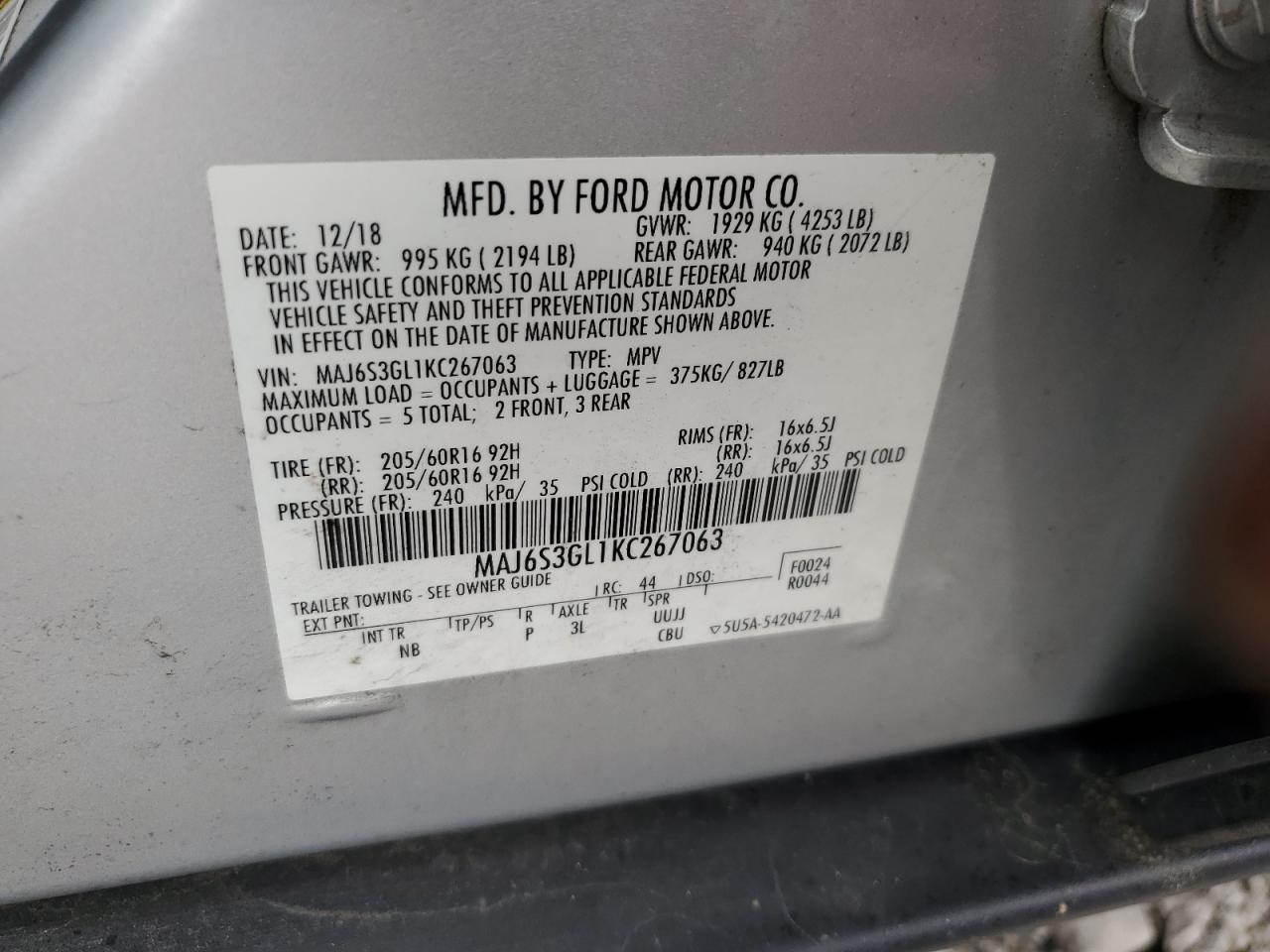 2019 Ford Ecosport Se VIN: MAJ6S3GL1KC267063 Lot: 57266505