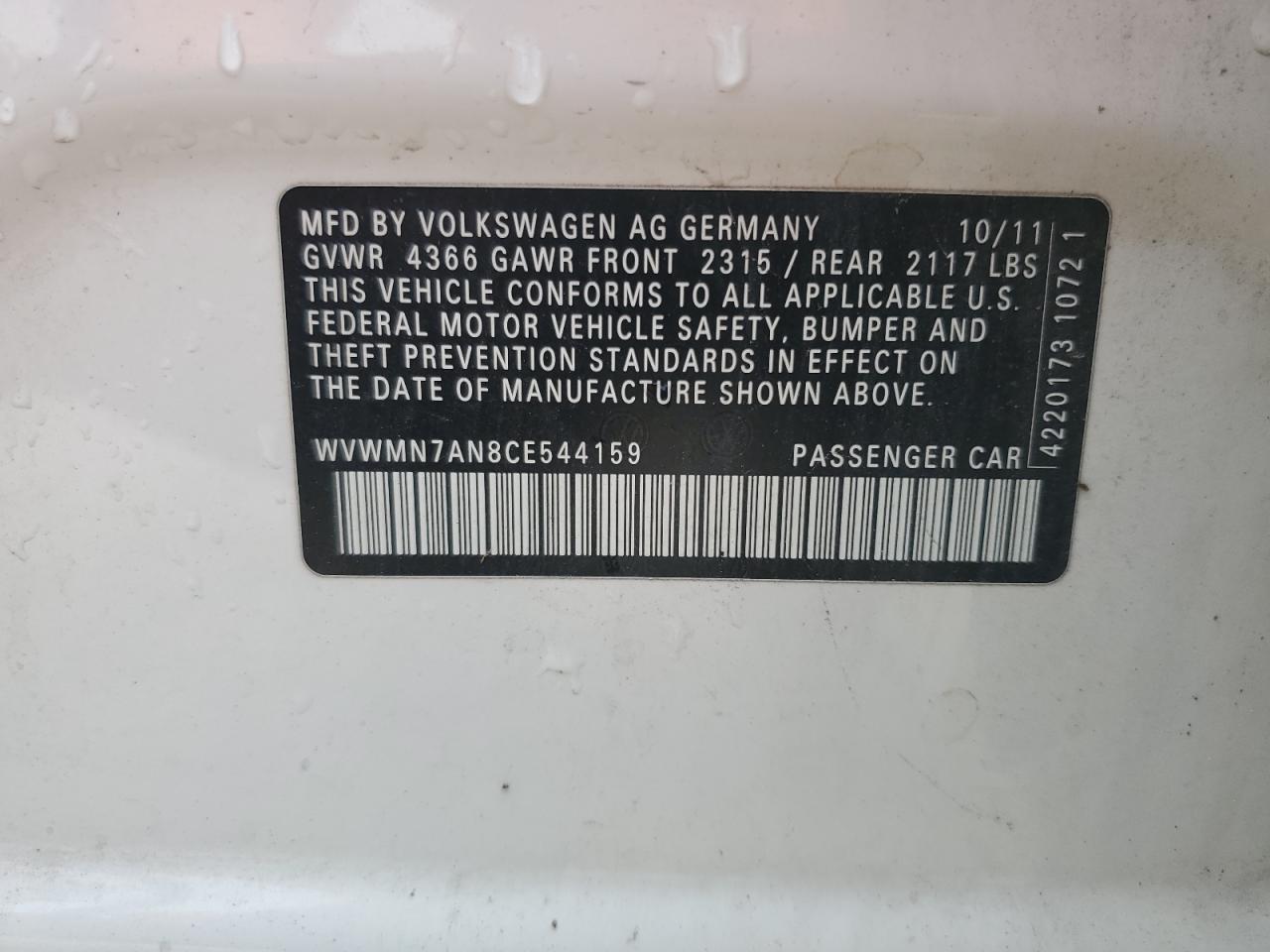 2012 Volkswagen Cc Sport VIN: WVWMN7AN8CE544159 Lot: 55943275
