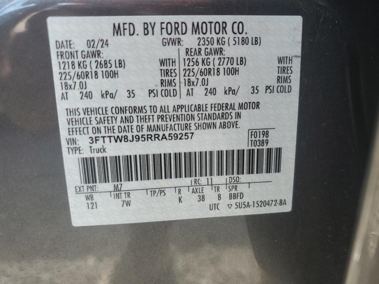 2024 Ford Maverick Xlt VIN: 3FTTW8J95RRA59257 Lot: 56669635
