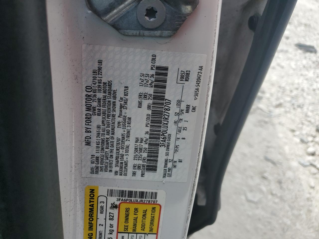 2018 Ford Fusion Se Hybrid VIN: 3FA6P0LUXJR278707 Lot: 55083915