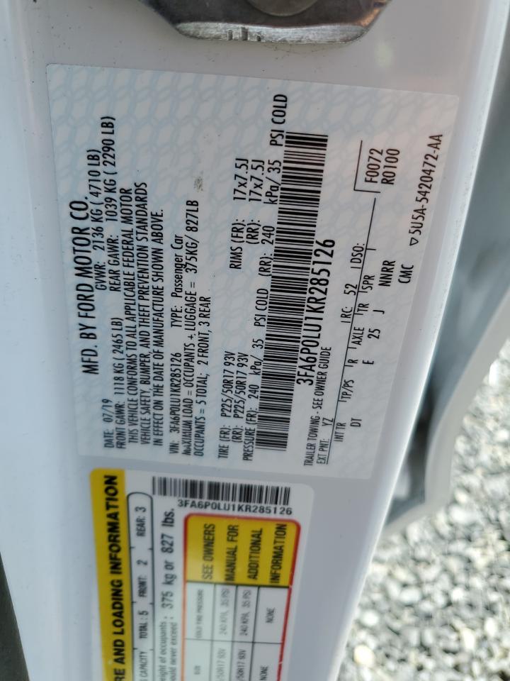 2019 Ford Fusion Se VIN: 3FA6P0LU1KR285126 Lot: 54032095