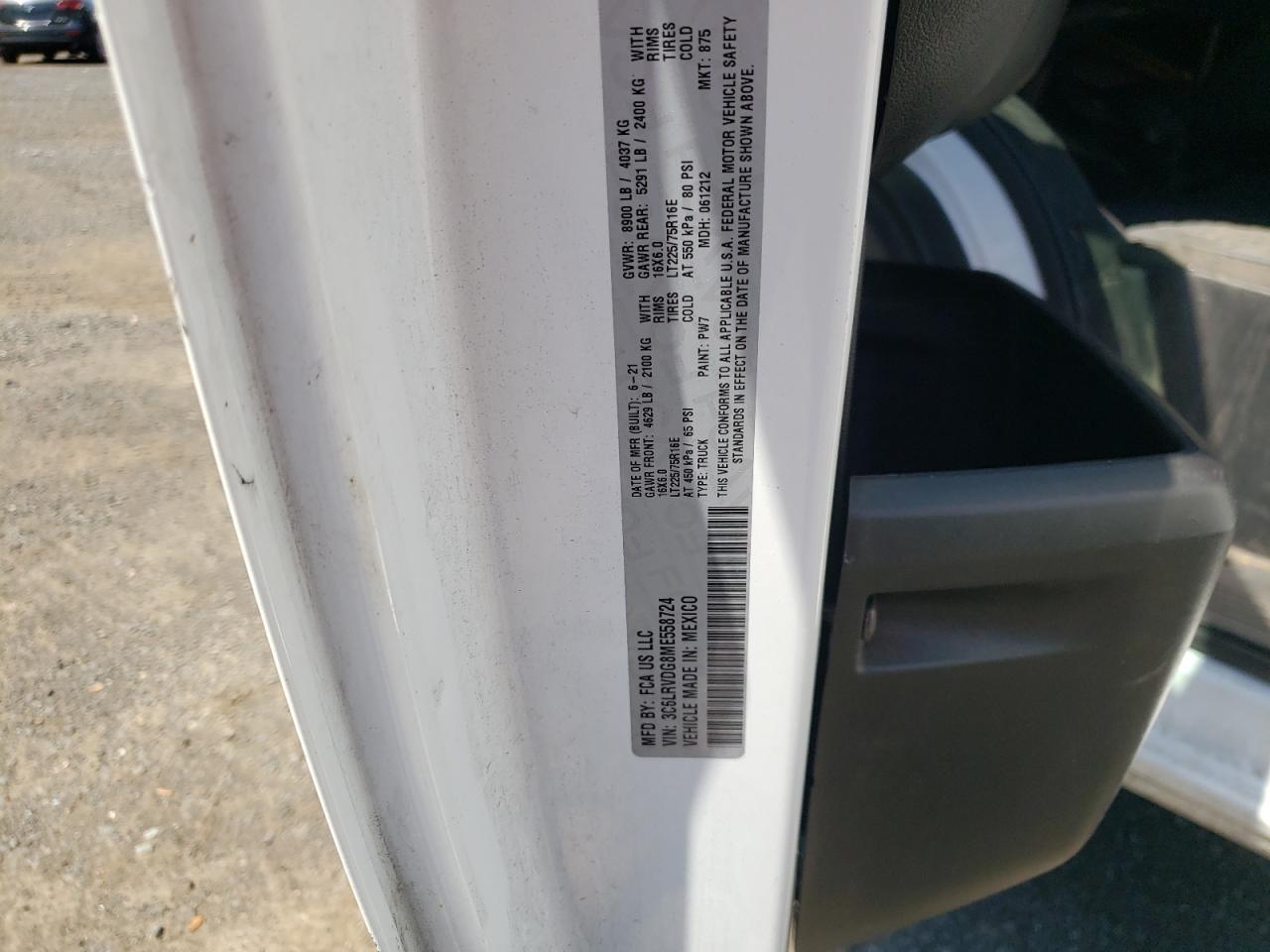 2021 Ram Promaster 2500 2500 High VIN: 3C6LRVDG8ME558724 Lot: 56369615