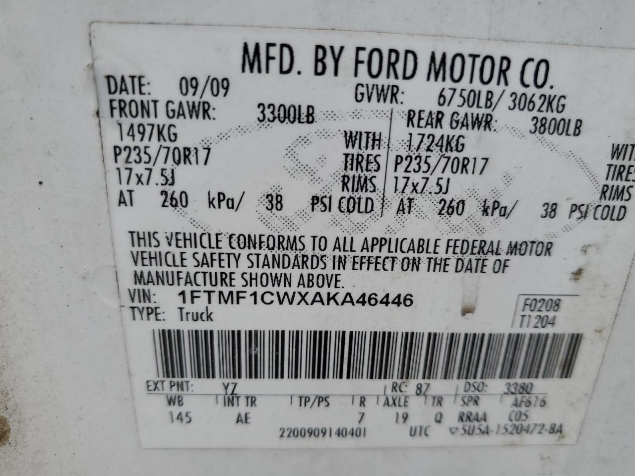 2010 Ford F150 VIN: 1FTMF1CWXAKA46446 Lot: 56354435