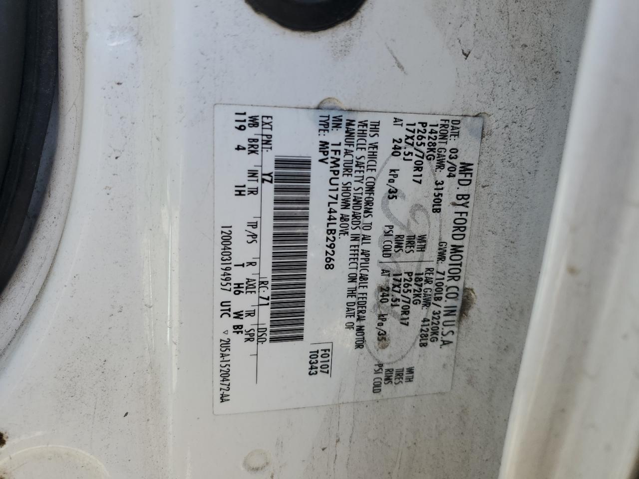 2004 Ford Expedition Eddie Bauer VIN: 1FMPU17L44LB29268 Lot: 57126615