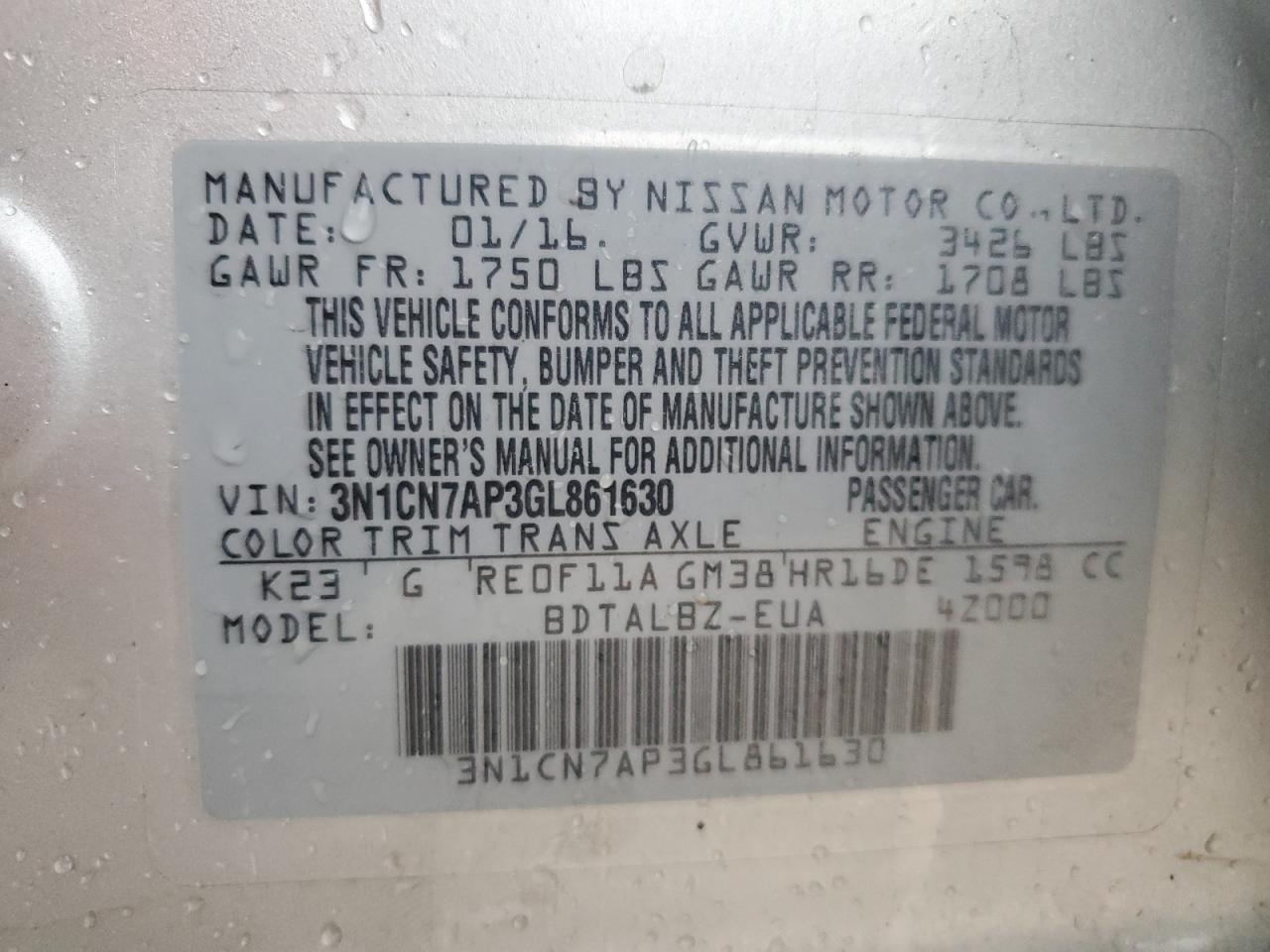 2016 Nissan Versa S VIN: 3N1CN7AP3GL861630 Lot: 56361815