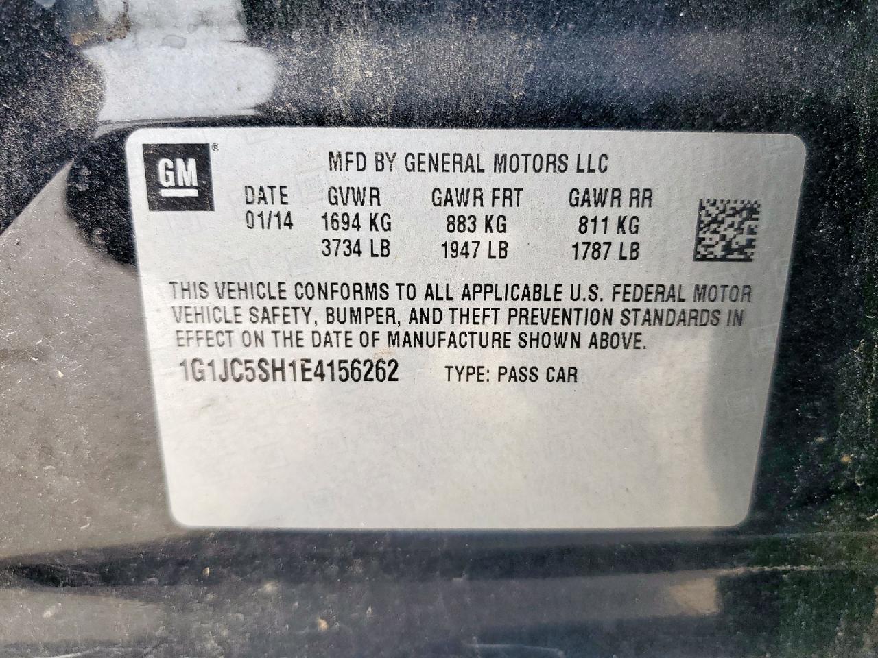 2014 Chevrolet Sonic Lt VIN: 1G1JC5SH1E4156262 Lot: 57395605