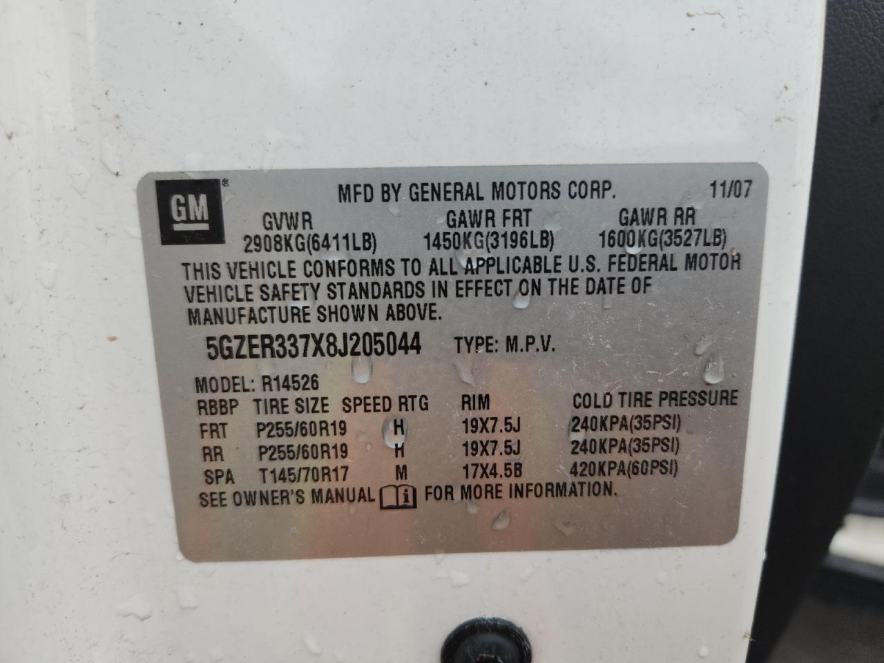 2008 Saturn Outlook Xr VIN: 5GZER337X8J205044 Lot: 58436395