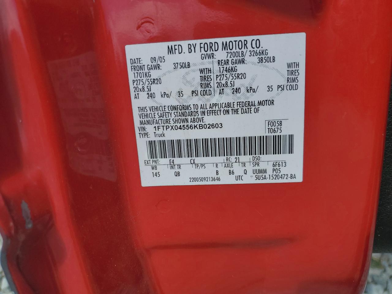 2006 Ford F150 VIN: 1FTPX04556KB02603 Lot: 56381345