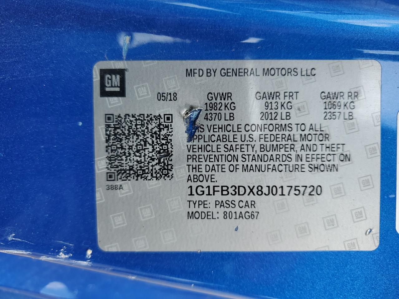 2018 Chevrolet Camaro Lt VIN: 1G1FB3DX8J0175720 Lot: 55834585