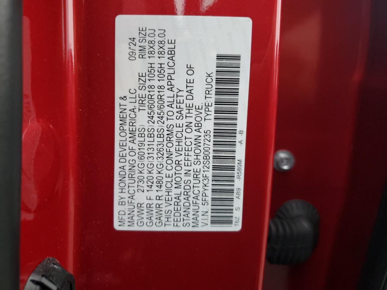 2025 Honda Ridgeline Sport VIN: 5FPYK3F12SB007235 Lot: 57259555