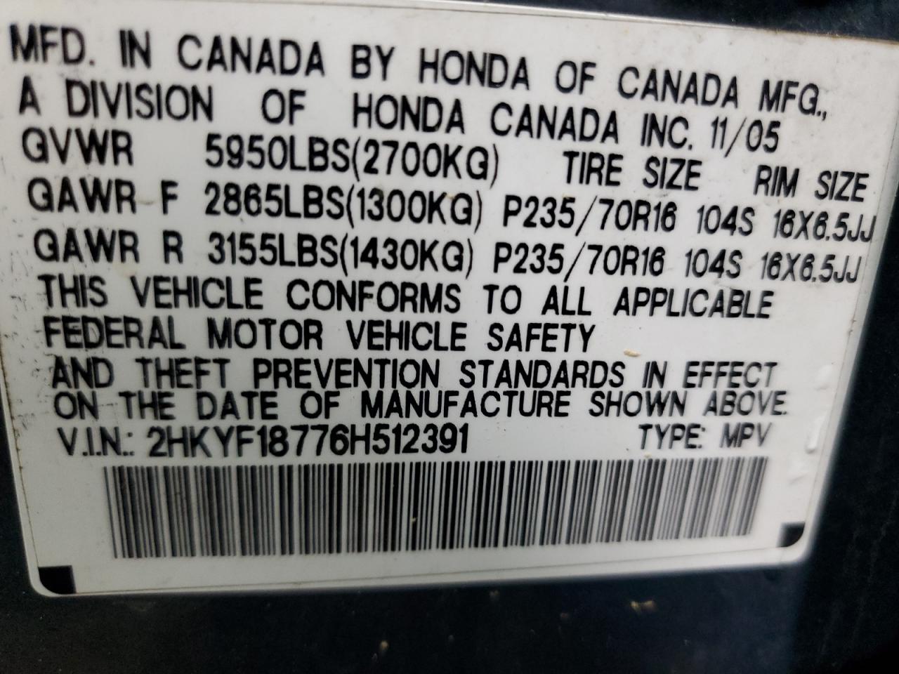 2006 Honda Pilot Ex VIN: 2HKYF18776H512391 Lot: 58140795