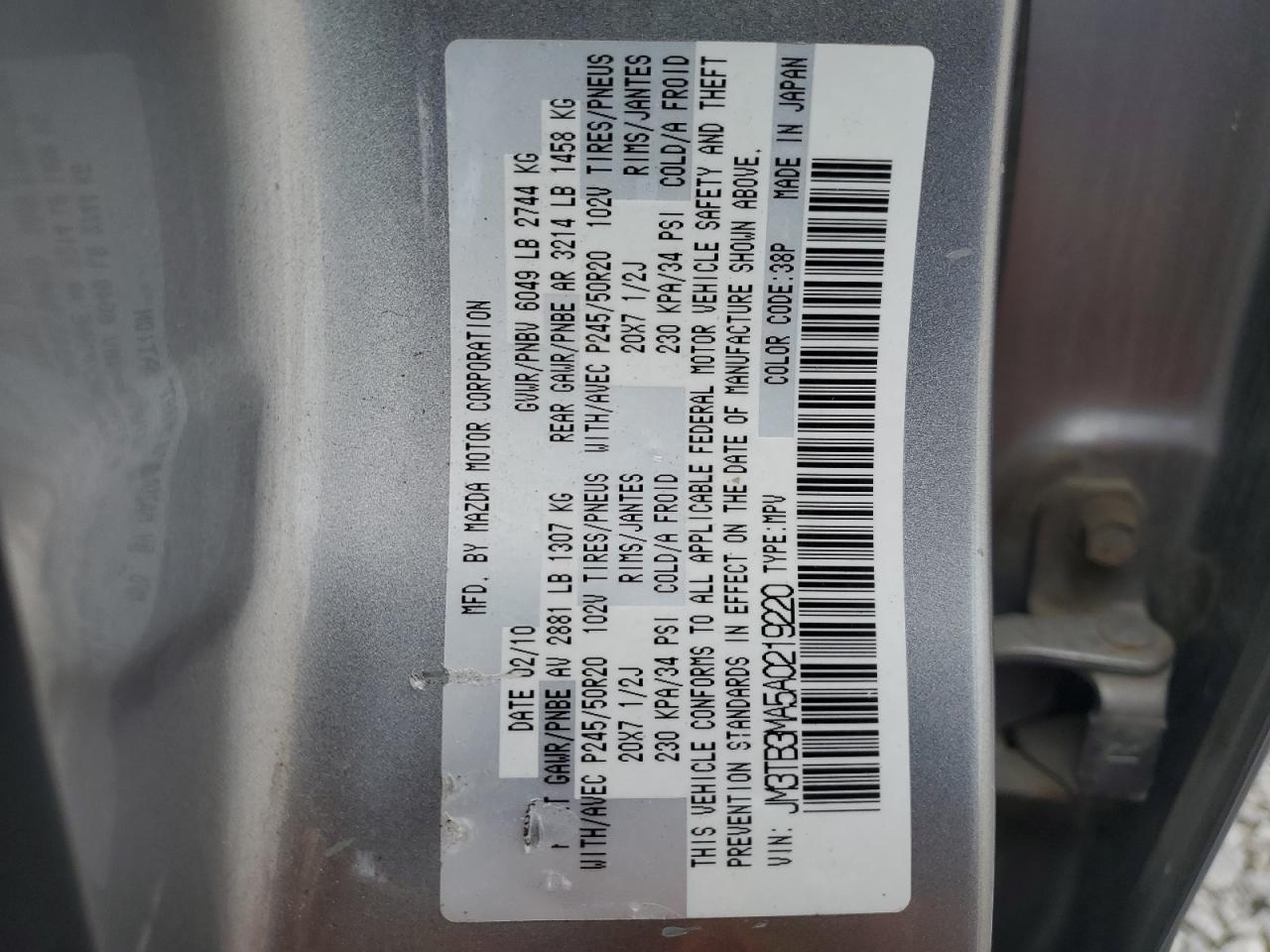 2010 Mazda Cx-9 VIN: JM3TB3MA5A0219220 Lot: 56829425