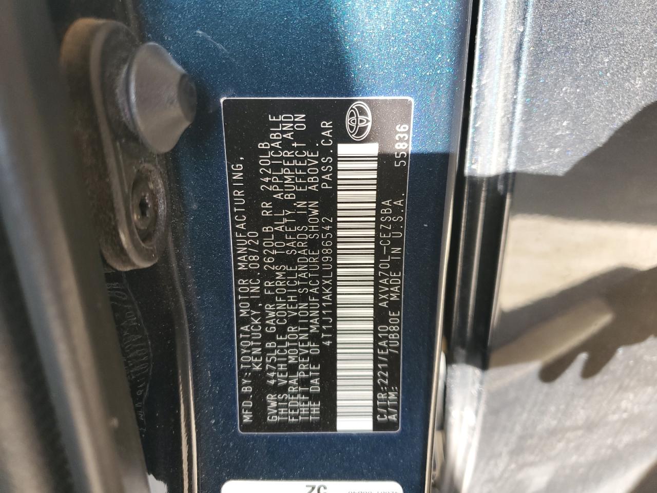 2020 Toyota Camry Se VIN: 4T1J11AKXLU986542 Lot: 56256085